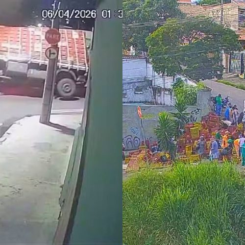 Caminhão de laranjas capota em BH após desvio inesperado do GPS; ASSISTA AO VÍDEO
